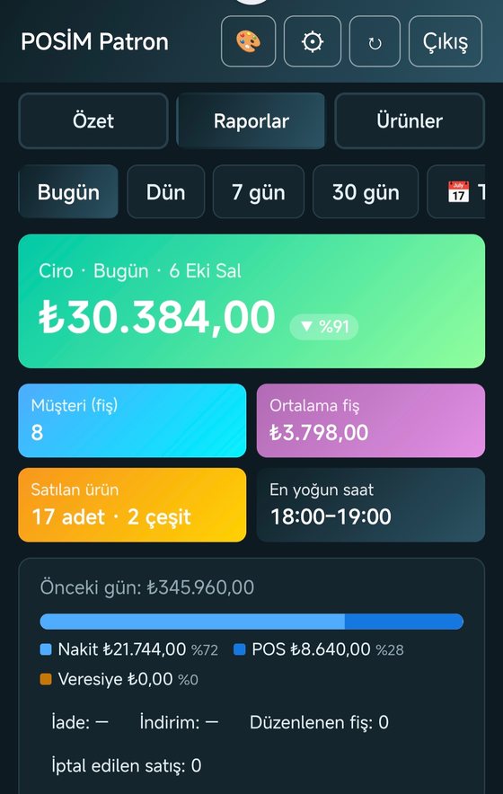 Patron uygulaması koyu tema